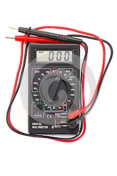 Digital electrical tester multimeter in black case isolated on white background. Digital multimeters have a numeric display, can