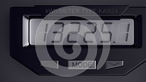 Digital electricity meter showing household consumption in kilowatt hours