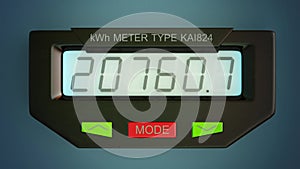 Digital electricity meter showing household consumption in kilowatt hours