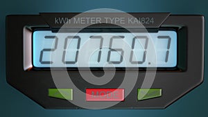 Digital electricity meter showing household consumption in kilowatt hours