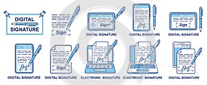 Digital electronic signature, online signing document, e-signature business paper writing pen on phone device screen icon vector