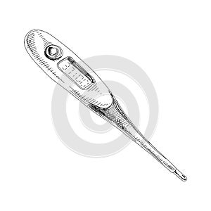 Digital electronic thermometer, hand drawn vector illustration.