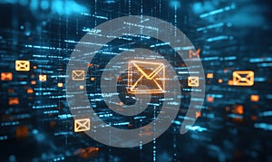 Digital email communication concept with glowing envelopes in a data network