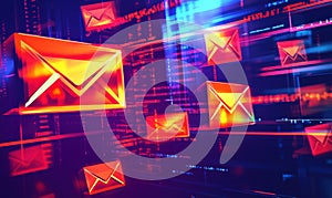 Digital email communication concept with glowing envelopes and data streams