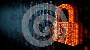 Digital Encryption Concept: Unlocked Padlock in Fiery Binary Code Data