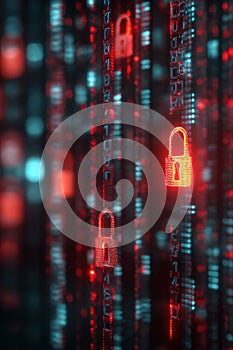 Digital Encryption Concept: Unlocked Padlock in Fiery Binary Code Data