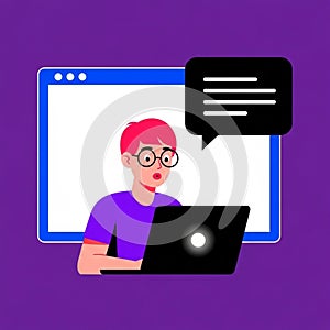 Interaction illustration of a surprised person using a laptop with speech bubble inside browser window representing digital engage