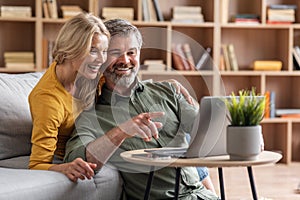 Digital Entertainment. Cheerful Middle Aged Couple Using Laptop At Home Together