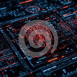 The digital environment features a sophisticated interface that exhibits brain data and neural network analysis, highlighting the