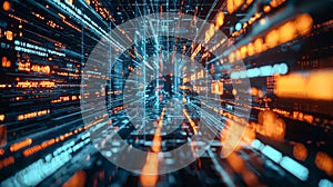 Fast-moving digital data streams with neon orange and blue lights