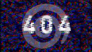 Digital error 404 animation with glitch effect. Damaged signal of interface. Motion design of TV screen noise.