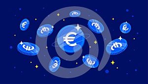 Digital Euro coins on blue background. European Central Bank ECB concept banner background