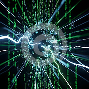 Digital Explosion with Binary Code and Light Streaks