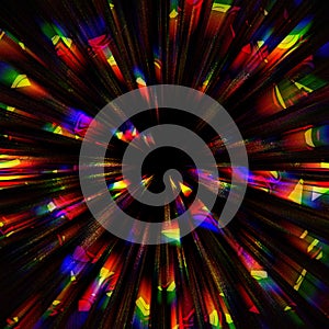 Digital explosion glitch lines and speed glowing lights on black background. Techno psychedelic screen. Optical shiny festive disc