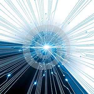 Digital explosion of interconnected binary data streams radiating from a central point