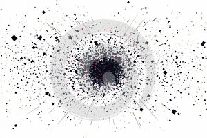 Digital explosion of pixel particles dispersing outward, white background