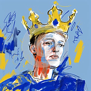 Digital Expressionism: Crowned Man In Yellow And Blue - Ybas Inspired Art
