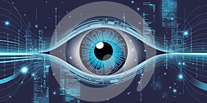 Digital eye with binary code and glowing data streams, technology concept image photo