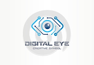 Digital eye creative symbol concept. Cyber vision, circuit board abstract business logo. Video camera control