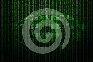 Digital eye made of green binary code