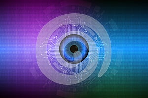 Digital eye with security scanning and futuristic circuit board electronic blue background. Eye viewing digital information.