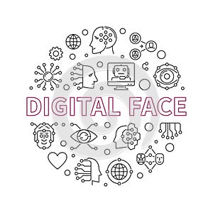 Digital Face concept line round banner. Vector AI Bot Technology illustration