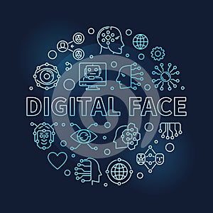 Digital Face concept line round vector blue banner - AI Bot Technology illustration