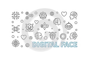 Digital Face line horizontal vector banner. AI Bot Technology illustration