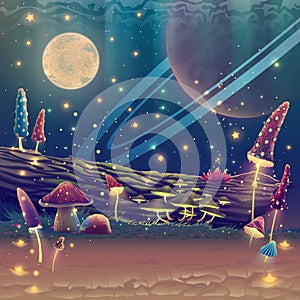 Digital fantasy mushroom garden or magic park illustration, night forest landscape art with stars, moon, planets in space, outdoor