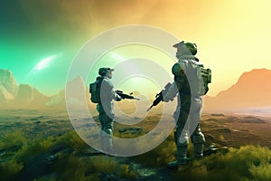 Digital fantasy painting of a pair of futuristic soldiers surveying a science fiction landscape - 3D illustration - Generative AI