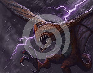 Digital fantasy painting of red dragon creature flying through a lightning storm