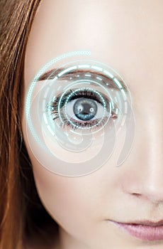 Digital female eye in process of scanning.