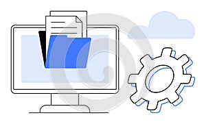 Digital File Management with Desktop Screen, Blue Folder, and Gear