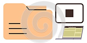 Digital File Management with Folder, Uploading Icon, and Laptop Interface