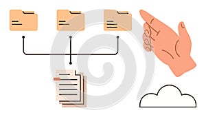 Digital File Organization with Hand Gesture Indicating Cloud Storage and Folder Structure