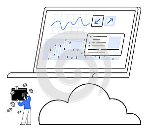 Digital finance analytics with cloud technology and data visualization on modern laptop screen