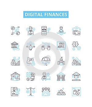 Digital finances vector line icons set. Digital, finances, banking, payments, online, accounts, debit illustration