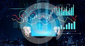 Digital Financial Analysis with Trend Graphs and Data Visualization on a Tablet in a Modern Urban Environment Scalp