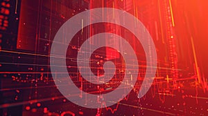 Digital financial analytics display with glowing red graphs and world map