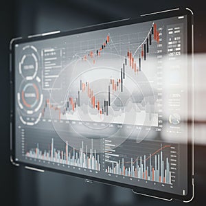 A digital financial dashboard displaying complex data visualizations. A large line and