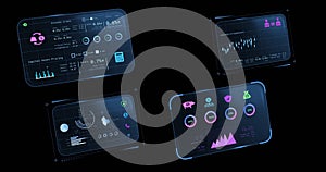 Digital financial dashboards displaying data analytics and growth metrics on screens photo