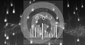 Digital financial data analysis with bar graphs and binary code overlay