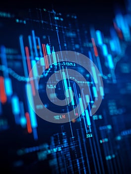 Digital financial data visualization with glowing candlestick charts