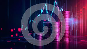 Digital financial graph with glowing neon colors representing stock market trends photo