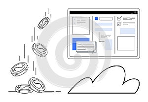 Digital financial growth concept with cloud storage, coins, and a user interface window