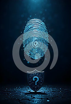 Digital Fingerprint Data Flow Above Security Shield With Question Mark Concept
