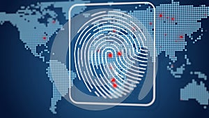 Digital fingerprint data protection, users connecting worldwide, map red dots