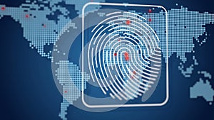Digital fingerprint data protection, users connecting worldwide, map red dots