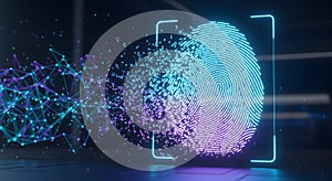 Digital fingerprint dissolving into abstract network, concept of data security