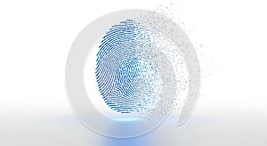 Digital fingerprint dissolving into pixels on white background